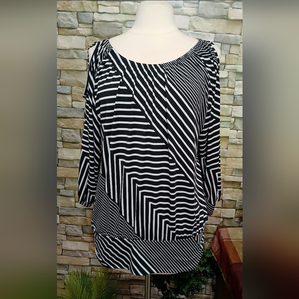 Robert Louis Black and White Striped Blouse Cold Shoulder Business Casual